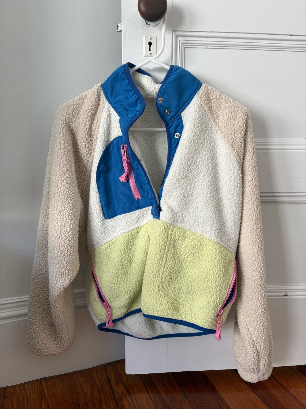 Colorblock Sherpa Pullover Jacket in Cream, Blue & Lime